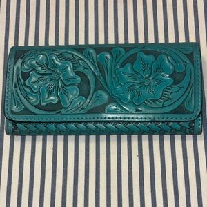 Turquoise Mexico check book Floral Embossed Leather Wallet Mexican Qué Chula
